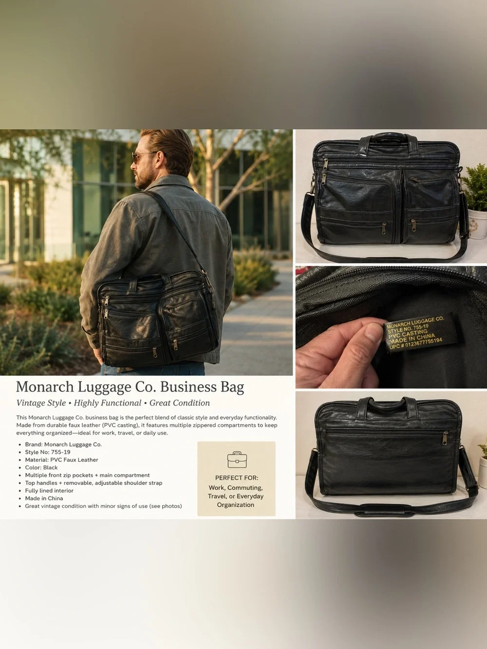 Vintage Monarch Multi-Pocket Black Briefcase Messenger Bag 16”x 11” expandable